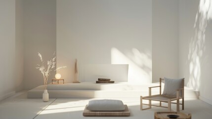 Sticker - A minimalist and serene living room design featuring a white canvas backdrop, Loose arrangement of minimalist furniture, Minimalist zen style