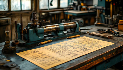 Poster - A workshop scene featuring machinery and a detailed workbench layout for tasks.