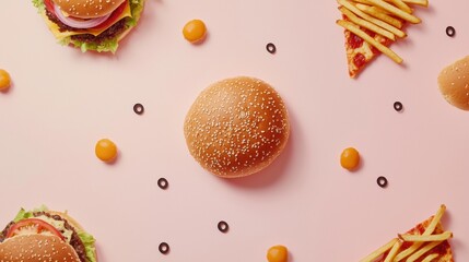 Wall Mural - Colorful silhouettes of burgers, pizza slices, and fries are artfully arranged on a pink surface, inviting food enthusiasts to indulge. Generative AI