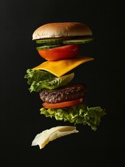Poster - Ingredients for a burger float mid-air, showcasing layers of lettuce, tomato, cheese, and a beef patty against a dark backdrop. Generative AI