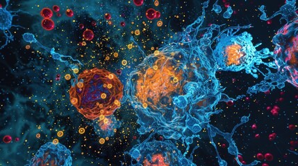 Poster - microscopic visualization of antibody cells interacting with virus cells, representing the immune sy