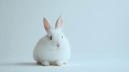 Wall Mural - 2. A fluffy white rabbit sitting calmly against a clean white backdrop