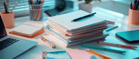 Aufkleber - A stack of note papers arranged neatly on a desk, with pens scattered around.