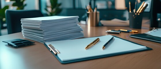 Poster - A stack of note papers arranged neatly on a desk, with pens scattered around.