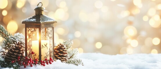 Wall Mural - a christmas lantern with a glowing candle, surrounded by snow-dusted pine cones, red berries, and ev