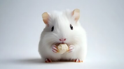 Wall Mural - 12. An adorable white guinea pig nibbling on a treat against a white background