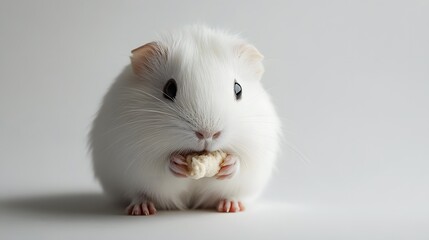 Wall Mural - 12. An adorable white guinea pig nibbling on a treat against a white background
