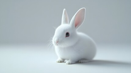 Wall Mural - 34. A white rabbit with its ears perked up on a smooth white surface
