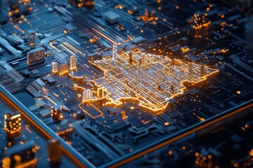 Aufkleber - A glowing state map displayed on a tablet, with cities highlighted in vivid colors.