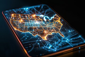 Poster - A glowing state map displayed on a tablet, with cities highlighted in vivid colors.