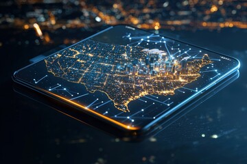 Poster - A glowing state map displayed on a tablet, with cities highlighted in vivid colors.