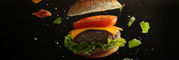 Poster - Ingredients of a burger appear suspended in mid-air, featuring a juicy patty, melting cheese, fresh lettuce, and ripe tomato. Generative AI