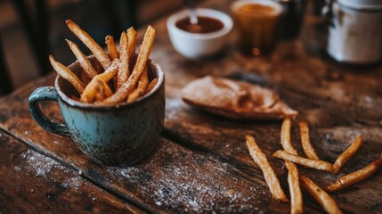 Poster - Golden fries piled high in a cup, resting on a wooden table with sauces and flatbread beside them, inviting a delicious snack experience. Generative AI