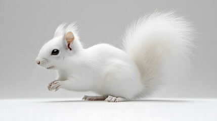 Wall Mural - 54. A white squirrel with its bushy tail flicking on a pure white surface