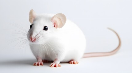 Wall Mural - 62. A white rat with its tail curled up, sitting against a white backdrop