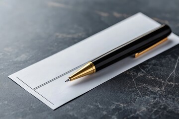 Aufkleber - A blank check resting on a sleek desk, with a pen placed diagonally across it.