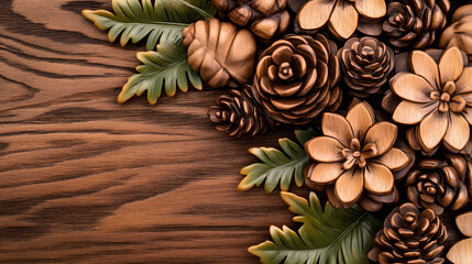 Poster - A beautifully crafted arrangement of wooden pinecones and flowers on a rustic wooden background, showcasing natural textures and earthy tones
