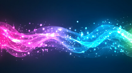 Poster - A vibrant, flowing wave of colorful light, blending pink and blue hues with sparkling particles against a dark background