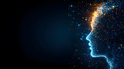 Leinwandbilder - A digital silhouette of a face composed of glowing particles, set against a dark background, symbolizing creativity and innovation