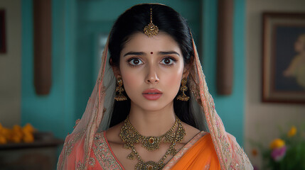 young woman in traditional attire with intricate jewelry and soft expression, set against colorful background. Her elegance and grace are highlighted by vibrant colors of her outfit