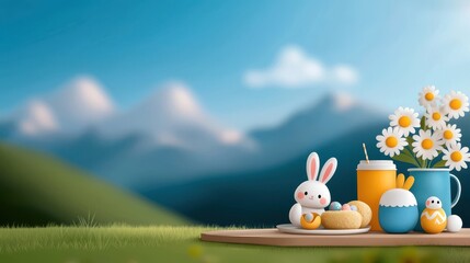 Wall Mural - Serene springtime landscape featuring a grassy meadow with blooming daisies adorable rabbits and colorful Easter eggs set against a backdrop of snow capped mountains under a calm blue sky