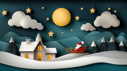 Wall Mural - Enchanting winter landscape scene with snow covered cottage Santa Claus riding in his sleigh and twinkling stars in the night sky   a magical festive holiday setting