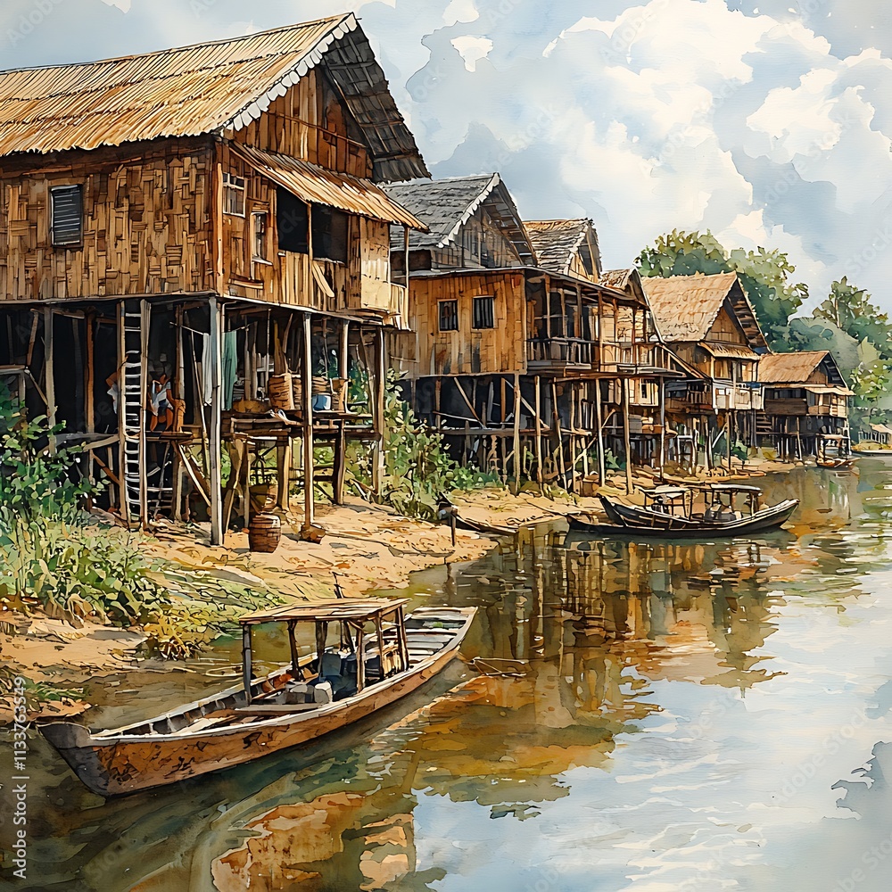Watercolor Painting of Stilt Houses on a River in Southeast Asia. Stock ...