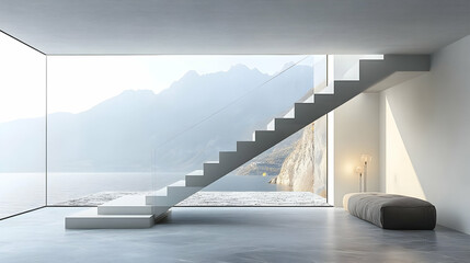 Aufkleber - Modern interior with a staircase, large windows, and a scenic mountain view.