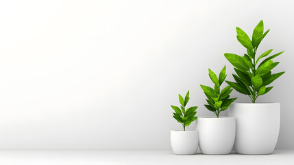 Poster - A minimalist display of three potted plants in white containers, showcasing vibrant green leaves against a clean, light background