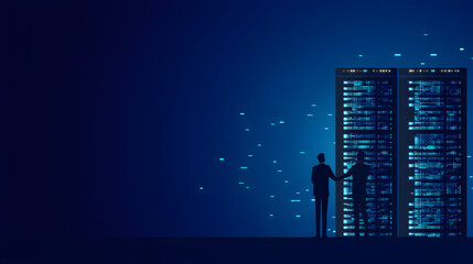 Poster - A silhouette of two figures shaking hands in front of illuminated server racks against a dark blue background, symbolizing technology and partnership