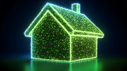 Poster - A luminous green house shape made of glowing particles against a dark background, symbolizing sustainability or technology