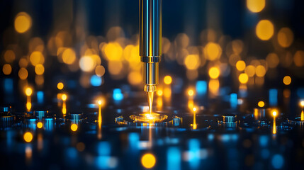 Poster - A close-up view of a precision tool interacting with a glowing circuit board, showcasing intricate details and vibrant light reflections