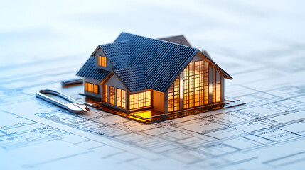 Fototapete - A miniature house model illuminated on architectural blueprints, symbolizing home design and construction planning
