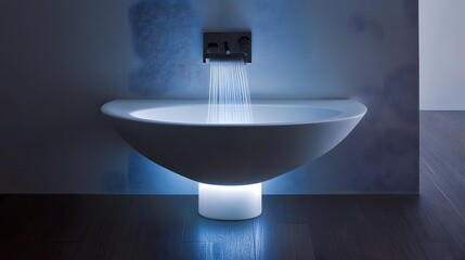 Poster - Minimalist bathroom with soft lighting, a compact wall-mounted basin, and open shower design,
