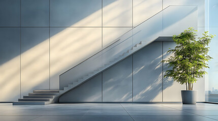 Aufkleber - Modern interior featuring a staircase and a potted plant in a well-lit space.