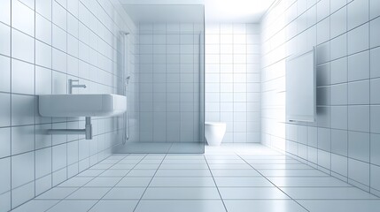 Aufkleber - Modern minimalist bathroom with a clean tile design, transparent glass shower, and a floating sink,