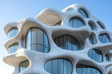 Poster - A modern architectural building with organic shapes and large glass windows.