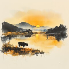 Wall Mural - Serene Sunset Landscape with a Lone Cow by a Lake, Painted in Watercolor Style.