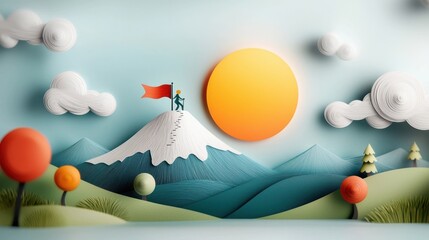 Wall Mural - Mesmerizing landscape with a majestic mountain range silhouetted against a vibrant orange and pink sunset sky complemented by fluffy ethereal clouds that lend a whimsical dreamlike to the scene