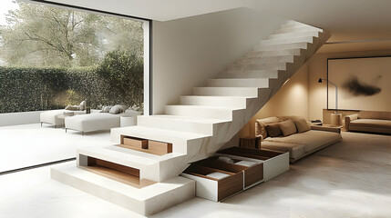 Poster - Modern interior featuring a minimalist staircase with storage and an open living space.