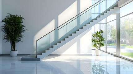 Aufkleber - Modern staircase in a bright, open space with large windows and potted plants.