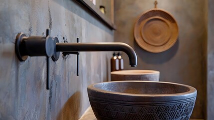 Poster - Close-up of an African minimalist bathroom showcasing tribal patterns, warm tones, and sleek modern design,