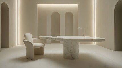 Poster - A minimal home office featuring a smooth marble desk, gentle LED strip lighting, and soft white tones, photographed in portrait