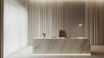 Poster - A minimal home office featuring a smooth marble desk, gentle LED strip lighting, and soft white tones, photographed in portrait