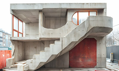 Poster - A modern concrete structure featuring a unique staircase and large windows.