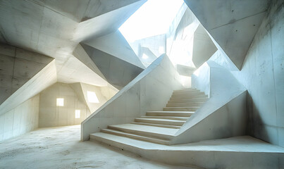 Aufkleber - Abstract concrete interior with angular staircases and natural light.
