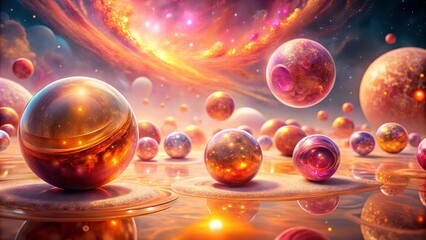 Wall Mural - a cosmic ocean reflecting celestial spheres, each containing swirling galaxies and nebulae, set agai