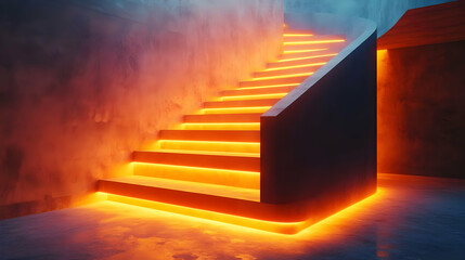 Poster - A modern staircase illuminated with warm orange lighting, creating a dramatic ambiance.