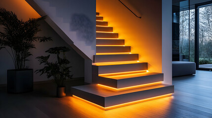 Poster - Modern staircase illuminated with warm orange lights, enhancing the architectural design.