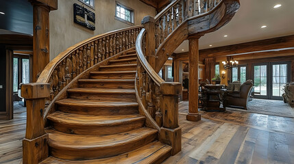Poster - Elegant wooden staircase in a spacious, rustic interior with warm lighting.